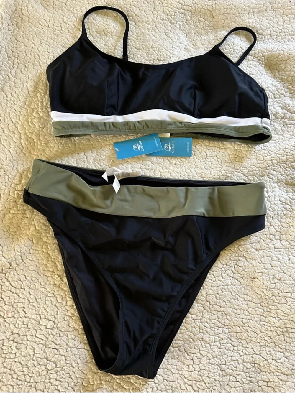 Cupshe Black Bikini with Olive and White Stripes - Picture 1 of 1